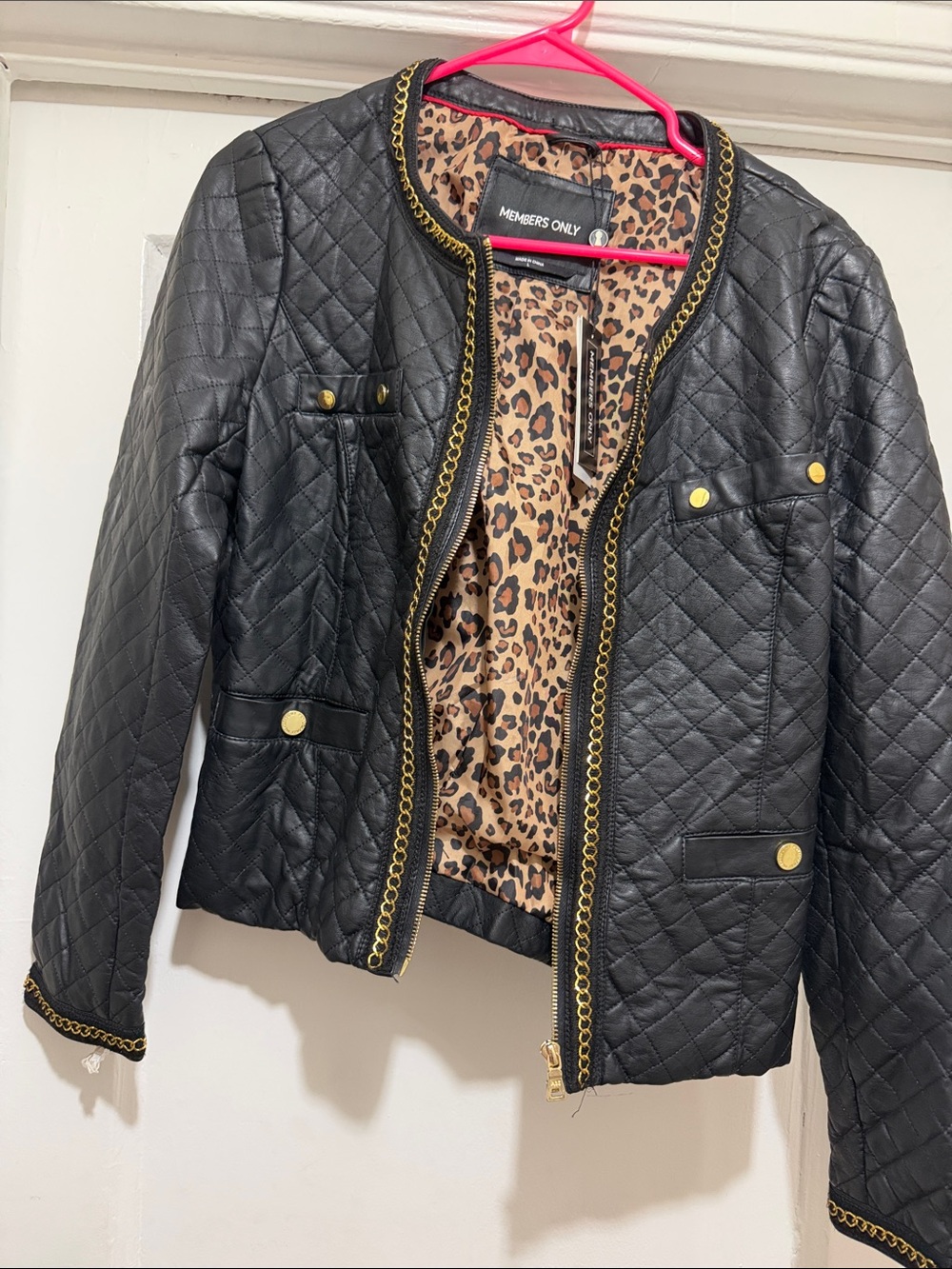 Members Only Black Quilted Jacket with Gold Chain Trim